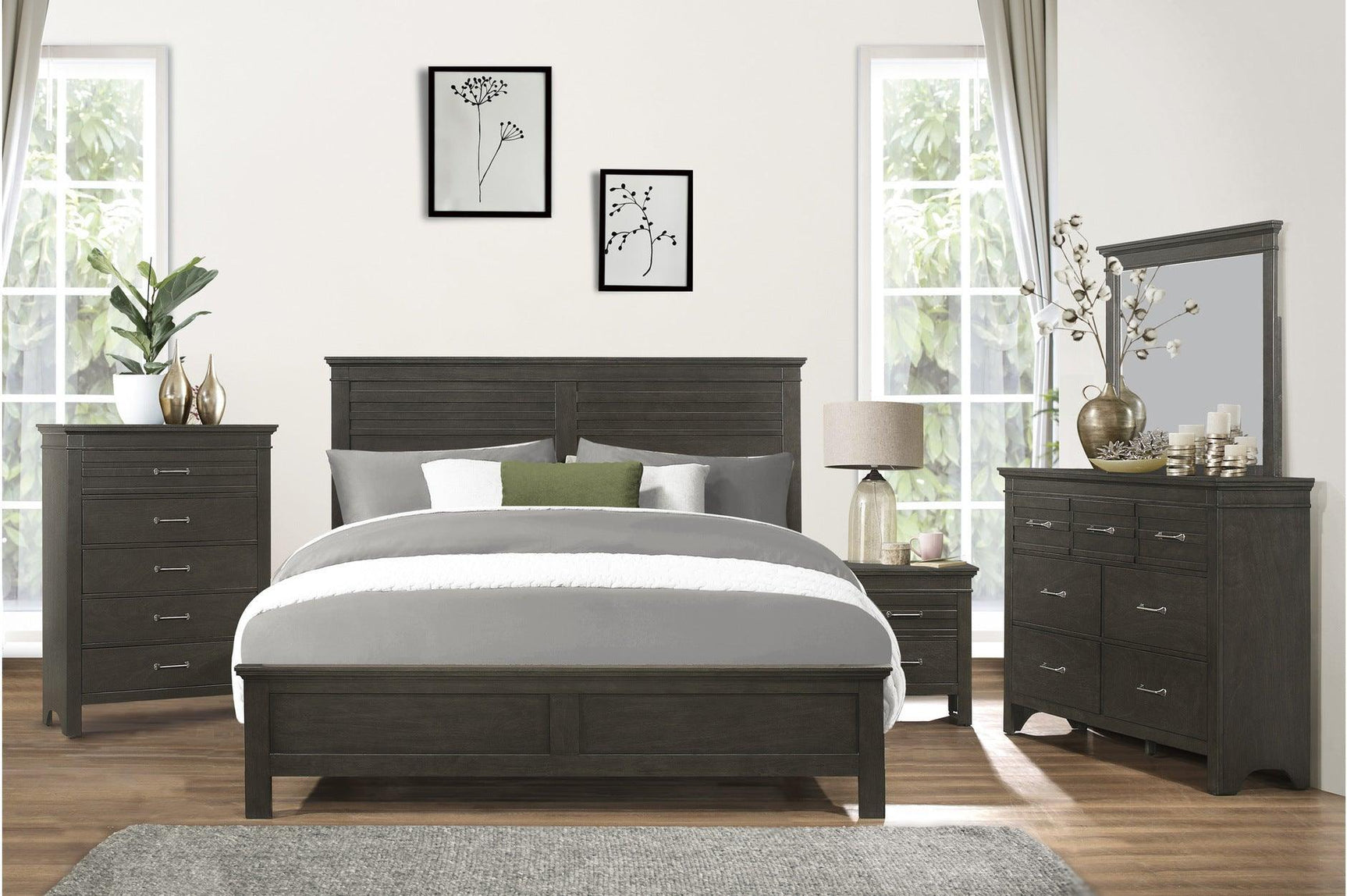 Blaire Farm Charcoal Gray Okume Veneer And Modern Solid Wood Panel Bedroom Set - Ella Furniture