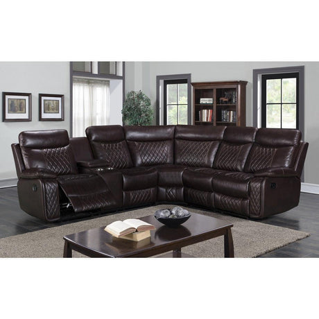 Socorro Brown Solid Wood And Plywood Breathable Faux Leather 3-Piece Reclining Sectional - Ella Furniture
