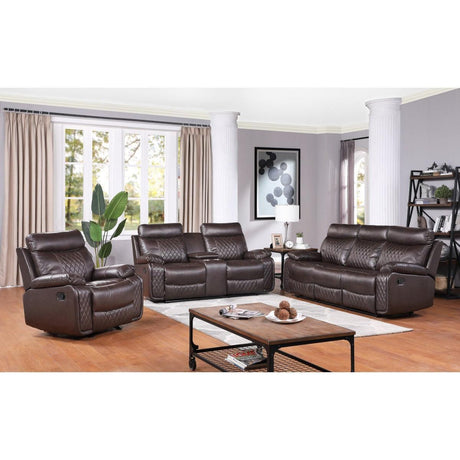 Socorro Brown Solid Wood And Plywood Faux Leather Double Reclining Loveseat With Console - Ella Furniture