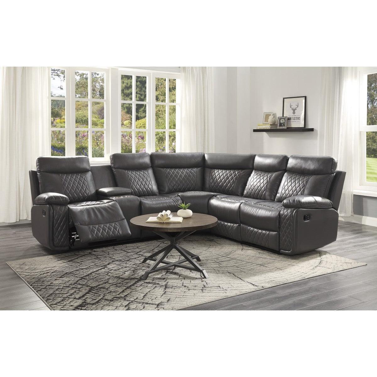 Socorro Gray Breathable Faux Leather Upholstery 3-Piece Reclining Sectional With Left Console - Ella Furniture