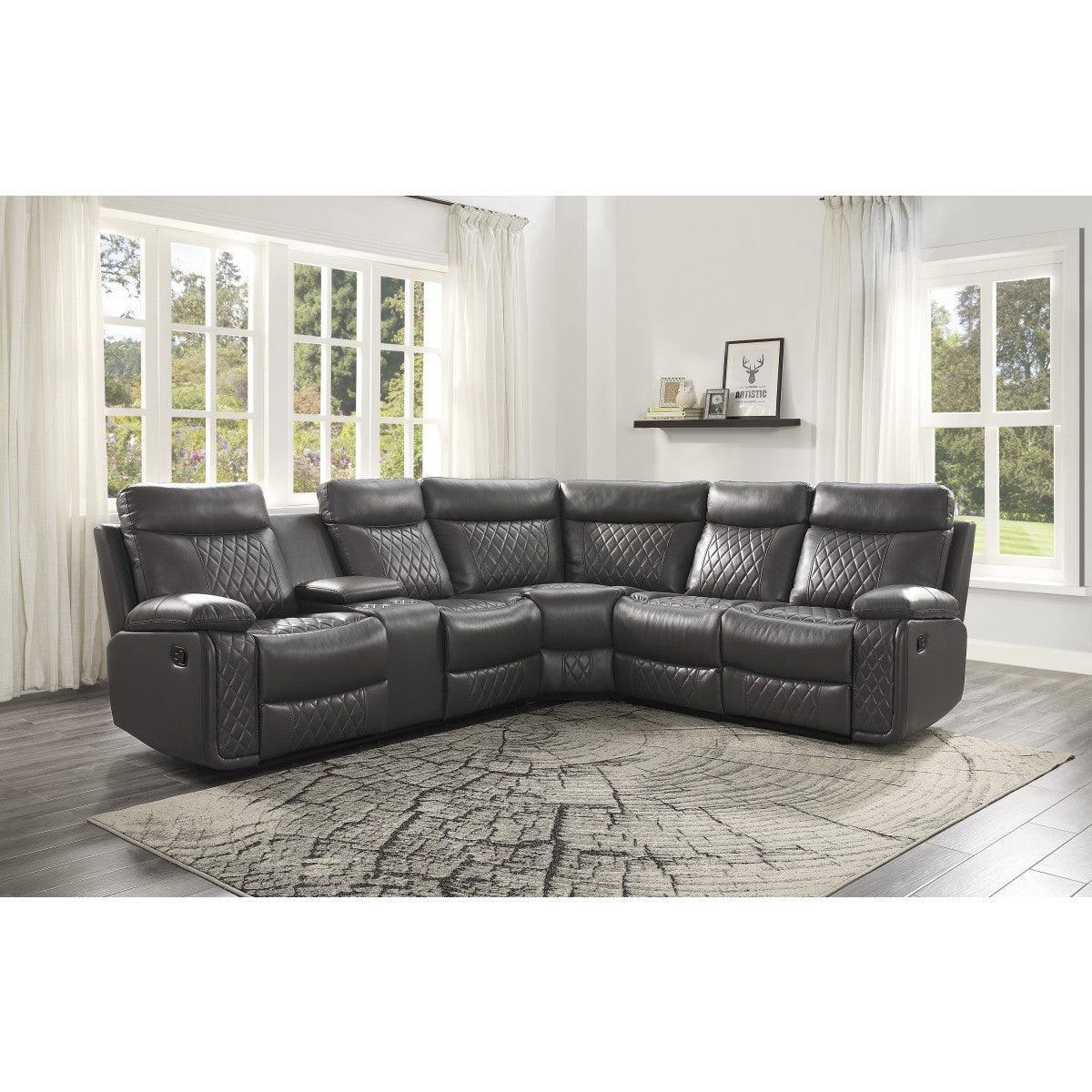 Socorro Gray Breathable Faux Leather Upholstery 3-Piece Reclining Sectional With Left Console - Ella Furniture