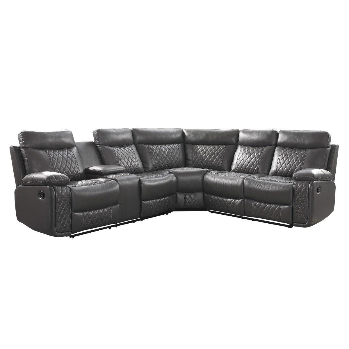 Socorro Gray Breathable Faux Leather Upholstery 3-Piece Reclining Sectional With Left Console - Ella Furniture