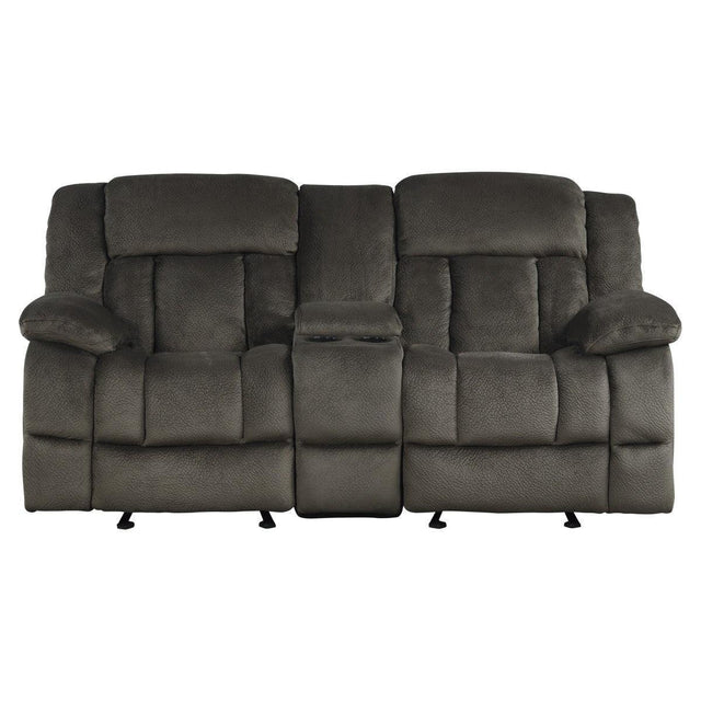 Laurelton Chocolate Textured Plush Microfiber Upholstery Double Glider Reclining Love Seat - Ella Furniture