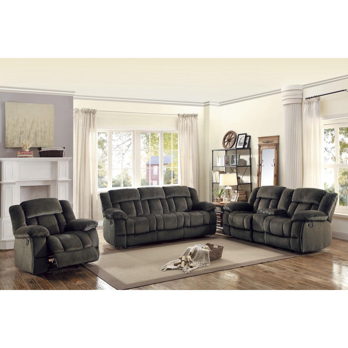 Laurelton Chocolate Textured Plush Microfiber Upholstery Double Glider Reclining Love Seat - Ella Furniture
