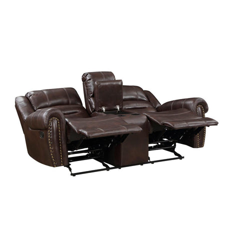 Center Hill Brown Solid Wood Premium Faux Leather Upholstery Double Glider Reclining Love Seat - Ella Furniture