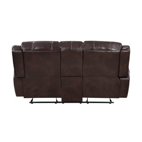 Center Hill Brown Solid Wood Premium Faux Leather Upholstery Double Glider Reclining Love Seat - Ella Furniture