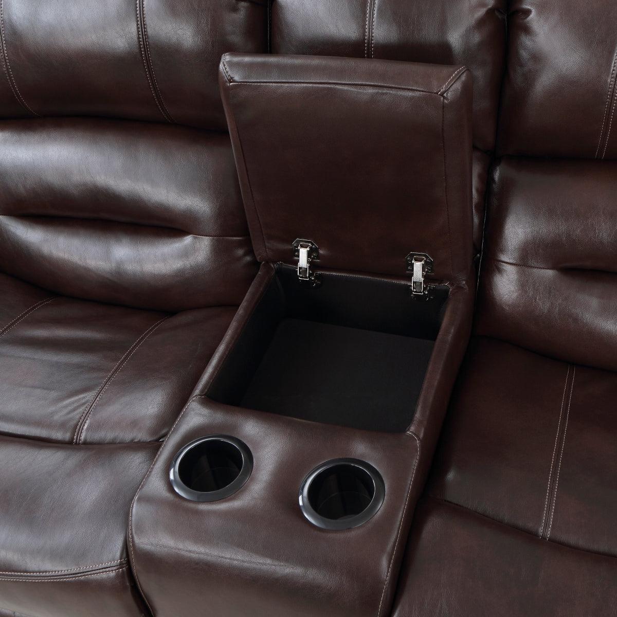 Center Hill Brown Solid Wood Premium Faux Leather Upholstery Double Glider Reclining Love Seat - Ella Furniture