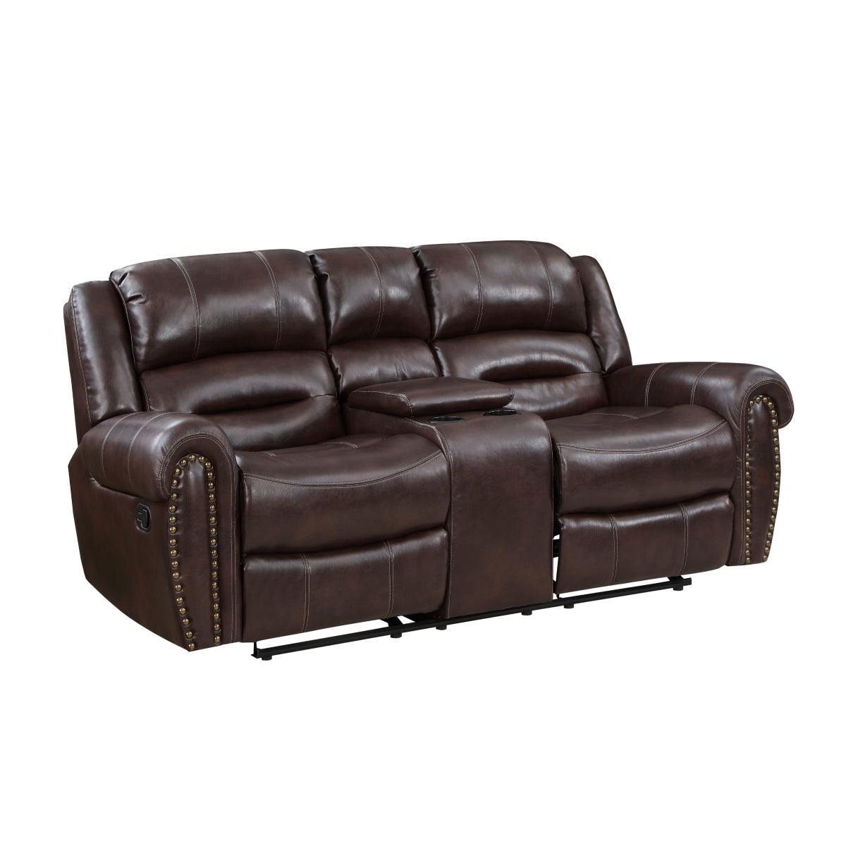 Center Hill Brown Solid Wood Premium Faux Leather Upholstery Double Glider Reclining Love Seat - Ella Furniture