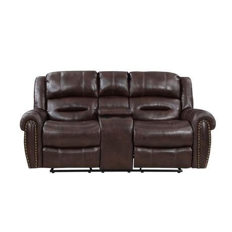 Center Hill Brown Solid Wood Premium Faux Leather Upholstery Double Glider Reclining Love Seat - Ella Furniture