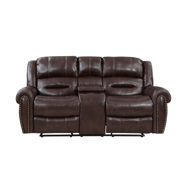 Center Hill Brown Solid Wood Premium Faux Leather Upholstery Double Glider Reclining Love Seat - Ella Furniture
