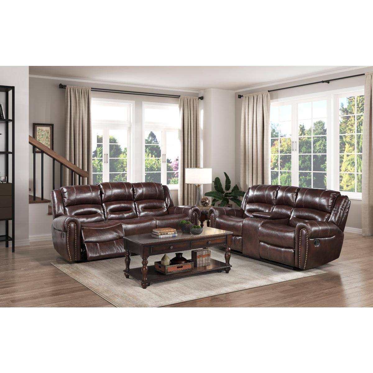 Center Hill Brown Solid Wood Premium Faux Leather Upholstery Double Glider Reclining Love Seat - Ella Furniture