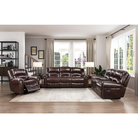 Center Hill Brown Solid Wood Premium Faux Leather Upholstery Double Glider Reclining Love Seat - Ella Furniture