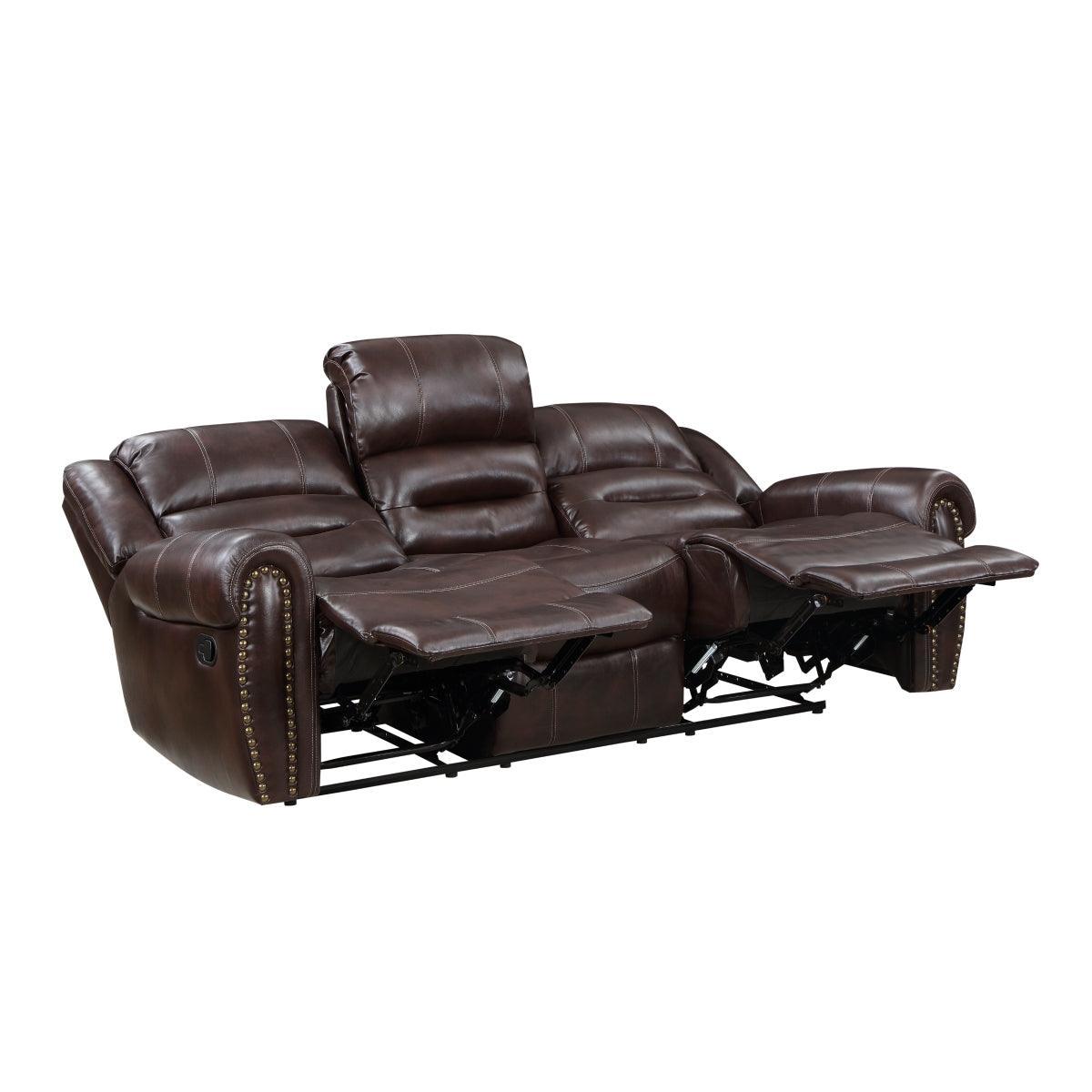 Center Hill Brown Solid Wood And Plywood Premium Faux Leather Upholstery Double Reclining Sofa - Ella Furniture