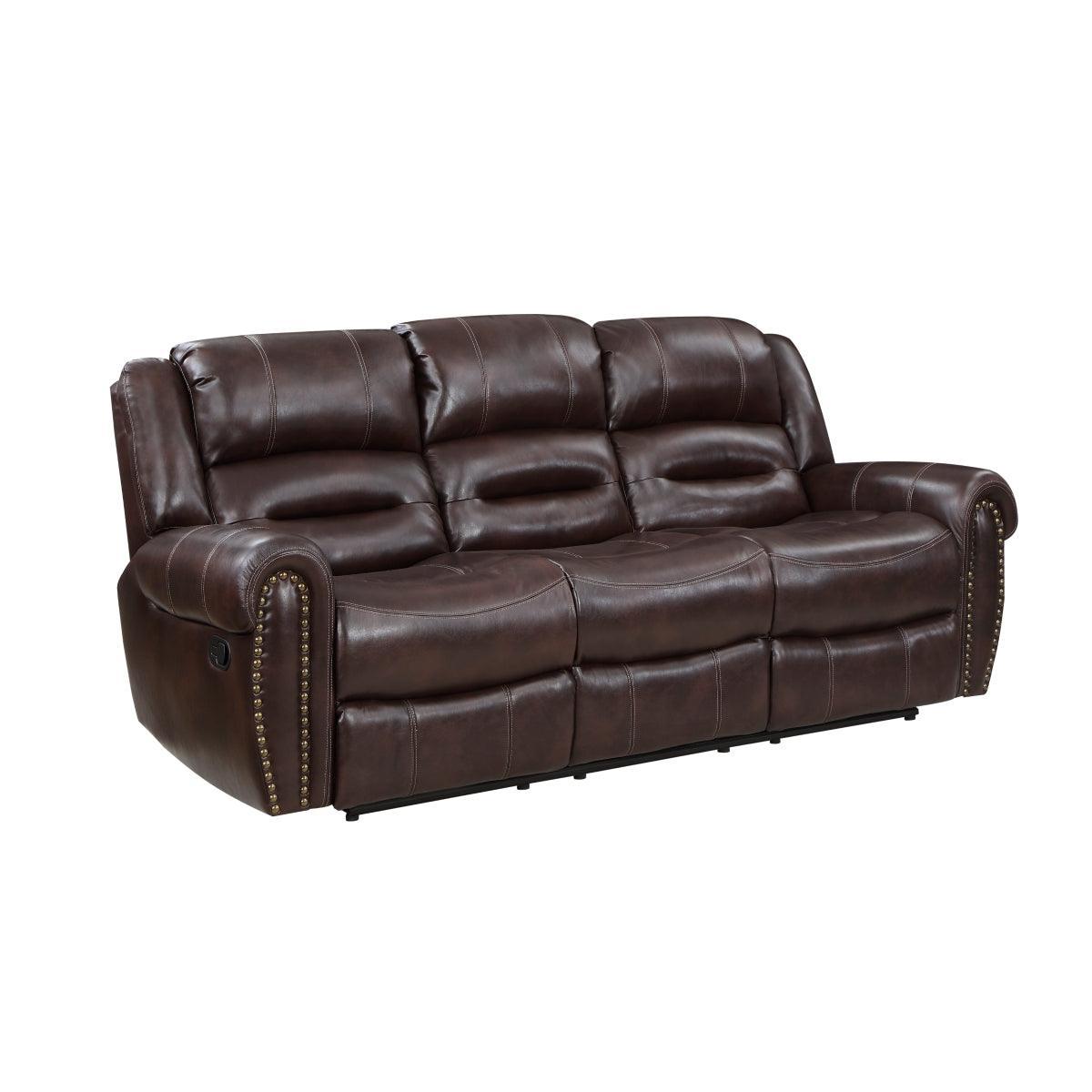 Center Hill Brown Solid Wood And Plywood Premium Faux Leather Upholstery Double Reclining Sofa - Ella Furniture