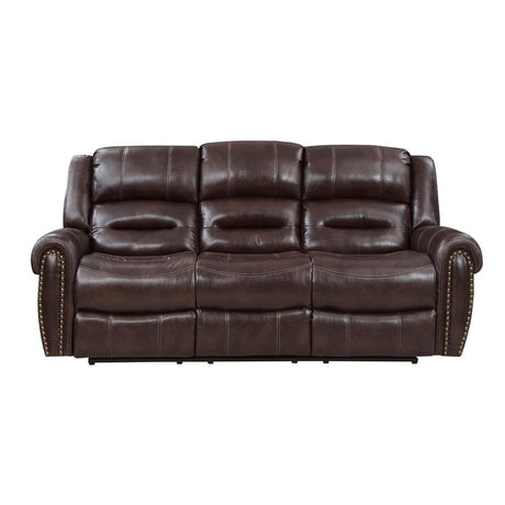 Center Hill Brown Solid Wood And Plywood Premium Faux Leather Upholstery Double Reclining Sofa - Ella Furniture