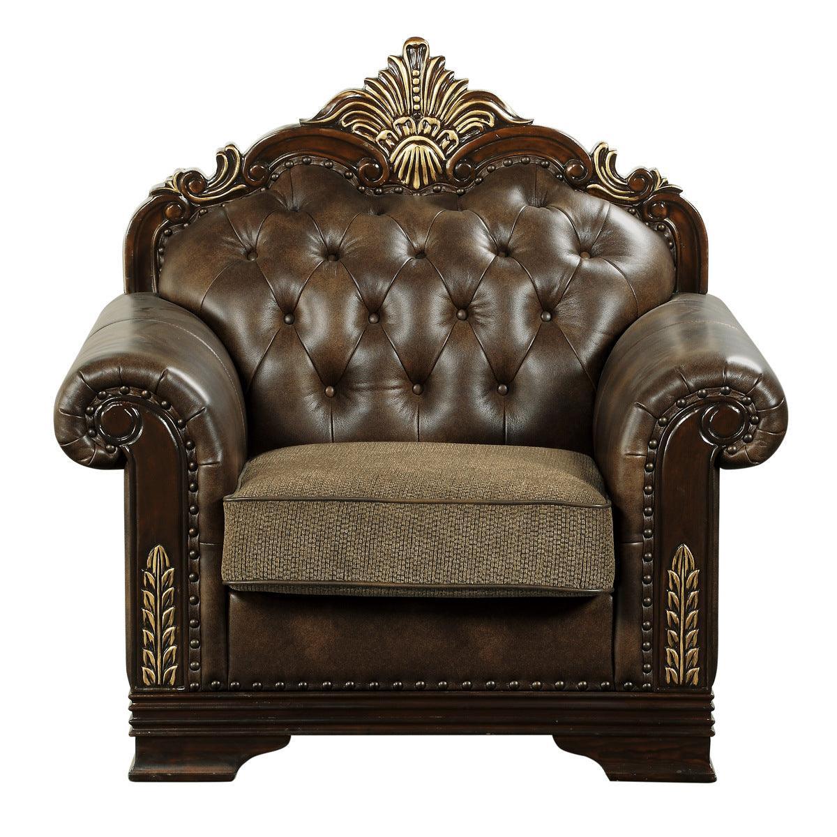 Croydon Solid Wood And Plywood Brown Faux Leather And Chenille Fabric Upholstered Tufted Chair - Ella Furniture