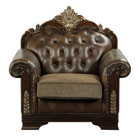 Croydon Solid Wood And Plywood Brown Faux Leather And Chenille Fabric Upholstered Tufted Chair - Ella Furniture