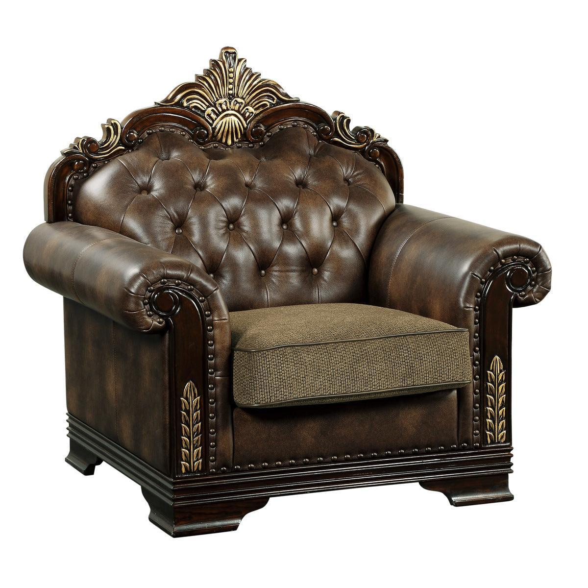 Croydon Solid Wood And Plywood Brown Faux Leather And Chenille Fabric Upholstered Tufted Chair - Ella Furniture