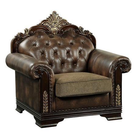 Croydon Solid Wood And Plywood Brown Faux Leather And Chenille Fabric Upholstered Tufted Chair - Ella Furniture