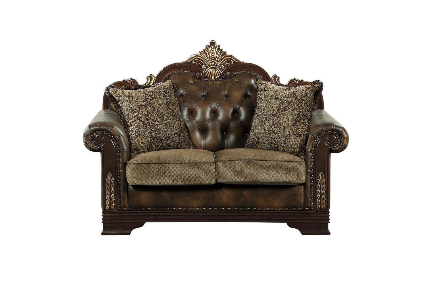 Croydon Dark Cherry Wood Faux Leather And Chenille Fabric Upholstery Tufted 2Pc Set: Sofa, Love - Ella Furniture