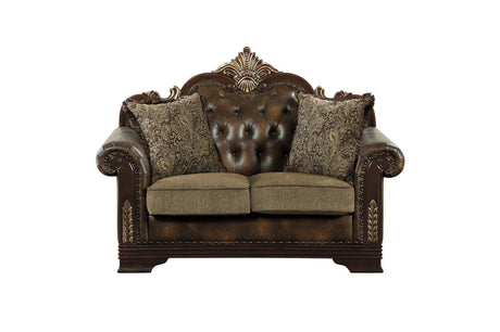 Croydon Dark Cherry Wood Faux Leather And Chenille Fabric Upholstery Tufted 2Pc Set: Sofa, Love - Ella Furniture