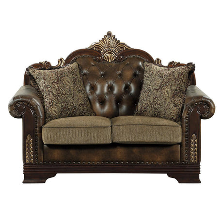 Croydon Brown Solid Wood, Plywood Faux Leather And Chenille Fabric Upholstered Tufted Love Seat - Ella Furniture