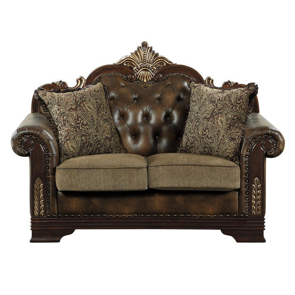 Croydon Brown Solid Wood, Plywood Faux Leather And Chenille Fabric Upholstered Tufted Love Seat - Ella Furniture