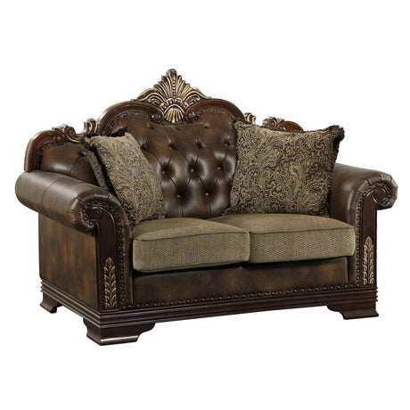 Croydon Brown Solid Wood, Plywood Faux Leather And Chenille Fabric Upholstered Tufted Love Seat - Ella Furniture