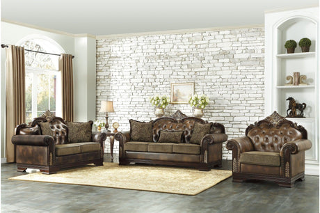 Croydon Dark Cherry Wood Faux Leather And Chenille Fabric Upholstery Tufted 2Pc Set: Sofa, Love - Ella Furniture