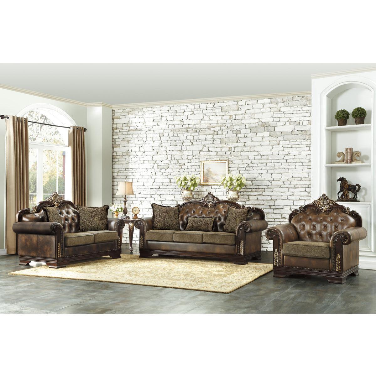 Croydon Solid Wood And Plywood Brown Faux Leather And Chenille Fabric Upholstered Tufted Chair - Ella Furniture