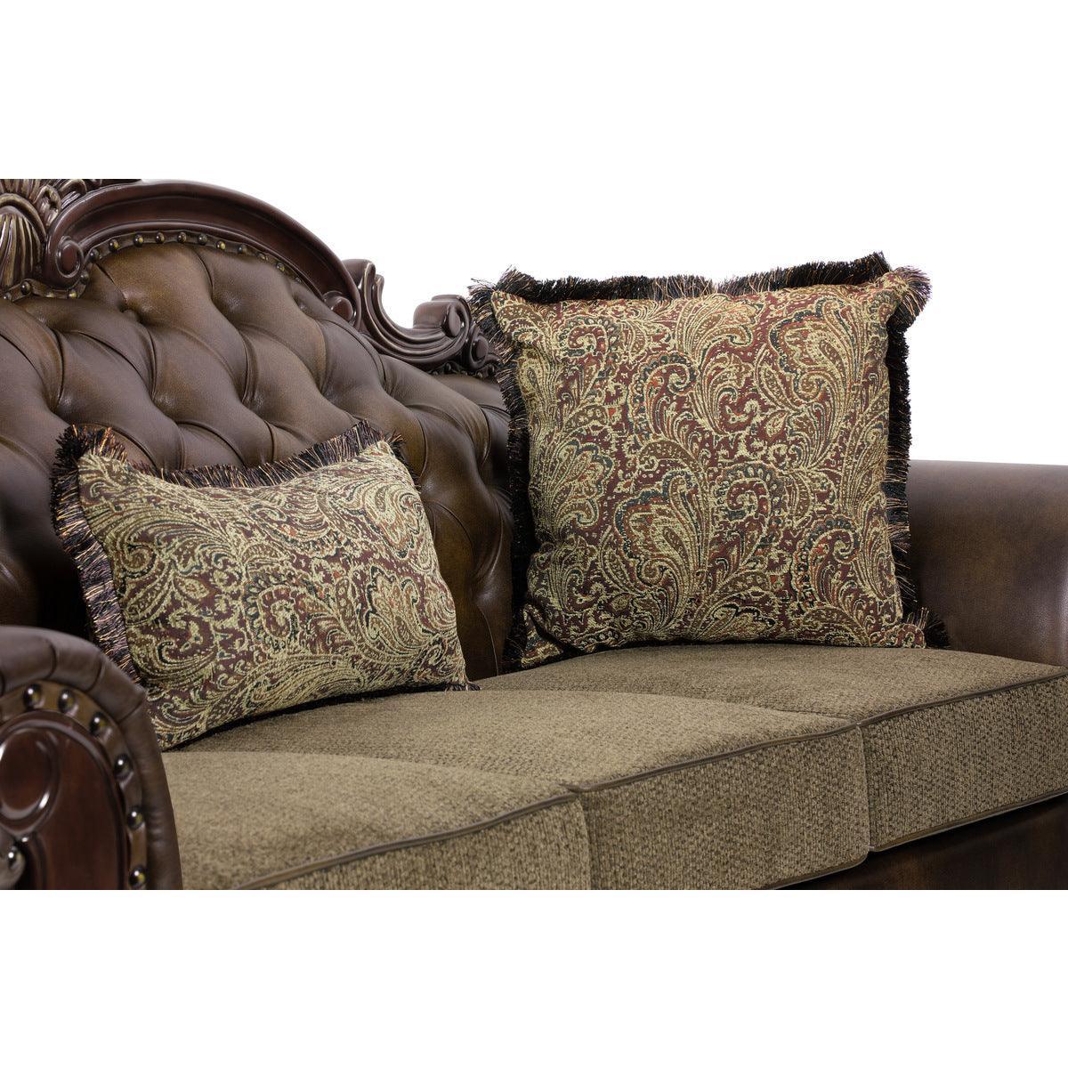 Croydon Brown Solid Wood And Plywood Faux Leather And Chenille Fabric Upholstered Tufted Sofa - Ella Furniture
