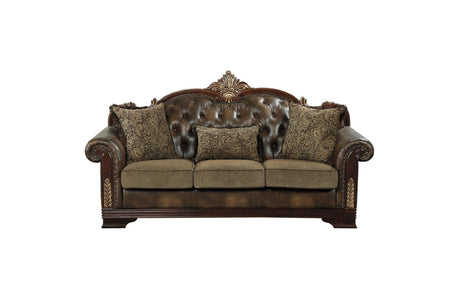 Croydon Dark Cherry Wood Faux Leather And Chenille Fabric Upholstery Tufted 2Pc Set: Sofa, Love - Ella Furniture