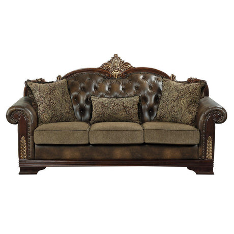 Croydon Brown Solid Wood And Plywood Faux Leather And Chenille Fabric Upholstered Tufted Sofa - Ella Furniture