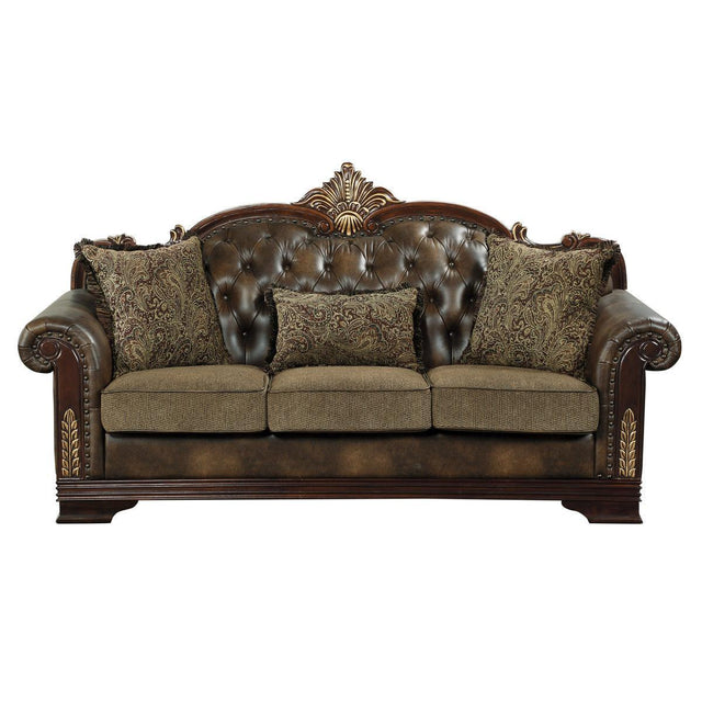 Croydon Brown Solid Wood And Plywood Faux Leather And Chenille Fabric Upholstered Tufted Sofa - Ella Furniture