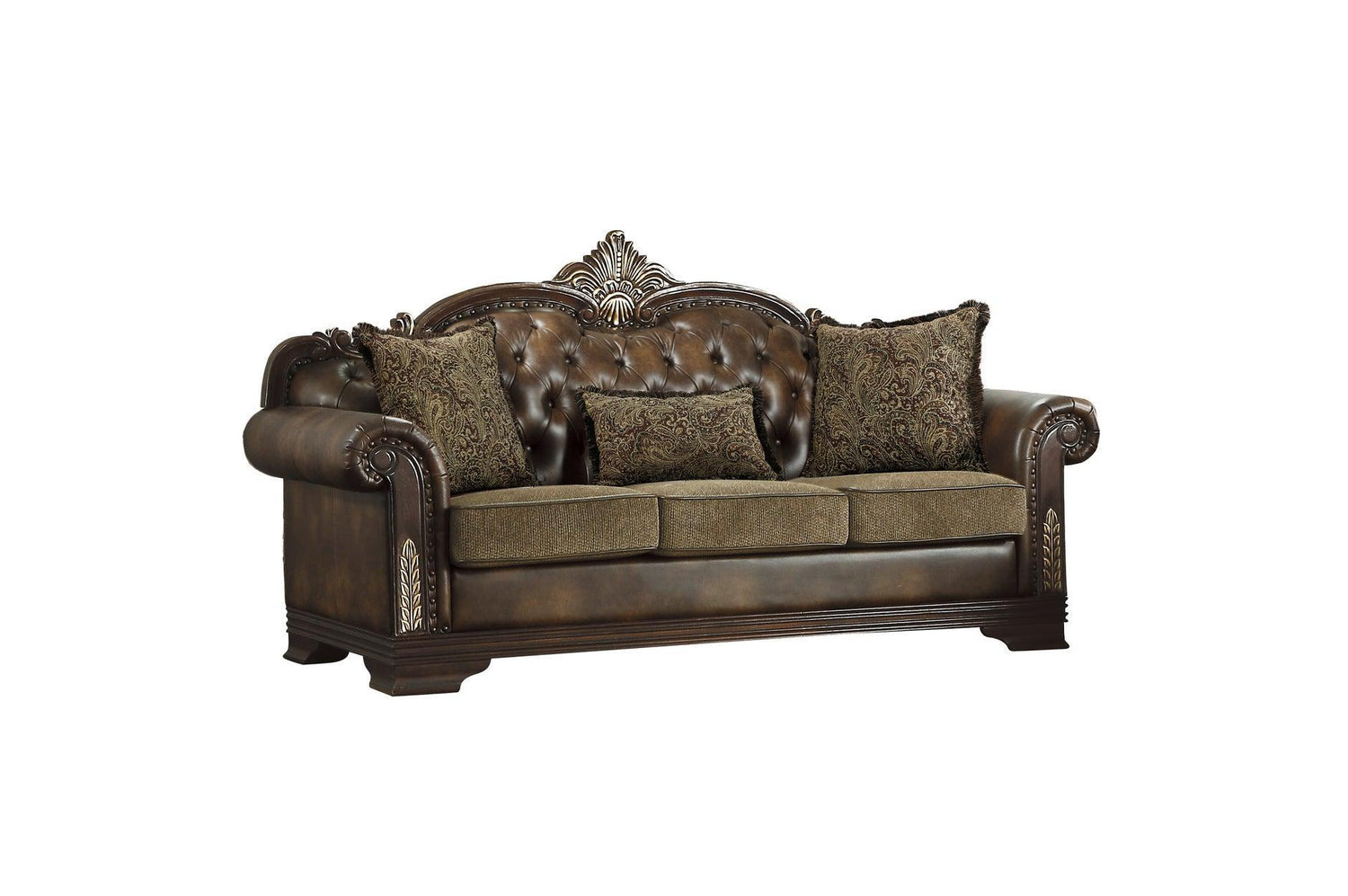 Croydon Dark Cherry Wood Faux Leather And Chenille Fabric Upholstery Tufted 2Pc Set: Sofa, Love - Ella Furniture