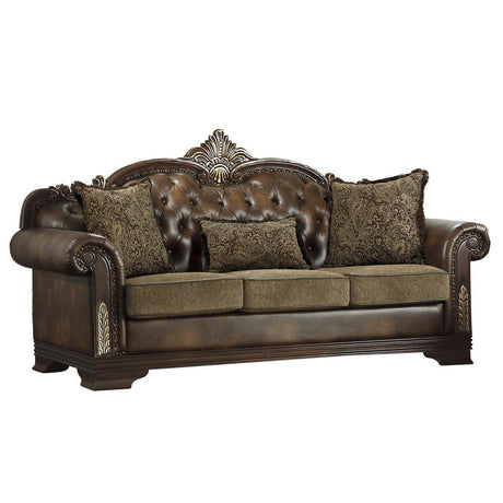 Croydon Brown Solid Wood And Plywood Faux Leather And Chenille Fabric Upholstered Tufted Sofa - Ella Furniture