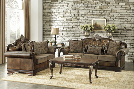 Croydon Dark Cherry Wood Faux Leather And Chenille Fabric Upholstery Tufted 2Pc Set: Sofa, Love - Ella Furniture
