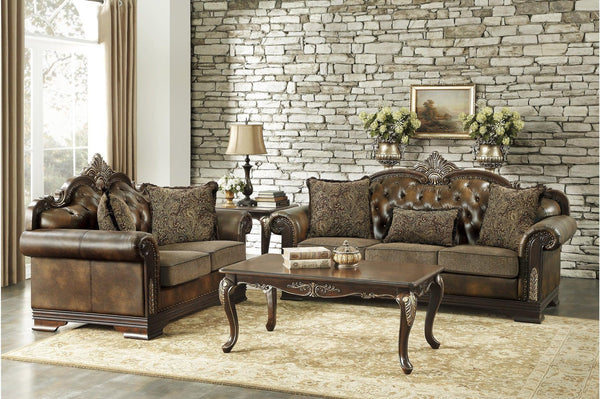 Croydon Dark Cherry Wood Faux Leather And Chenille Fabric Upholstery Tufted 2Pc Set: Sofa, Love - Ella Furniture