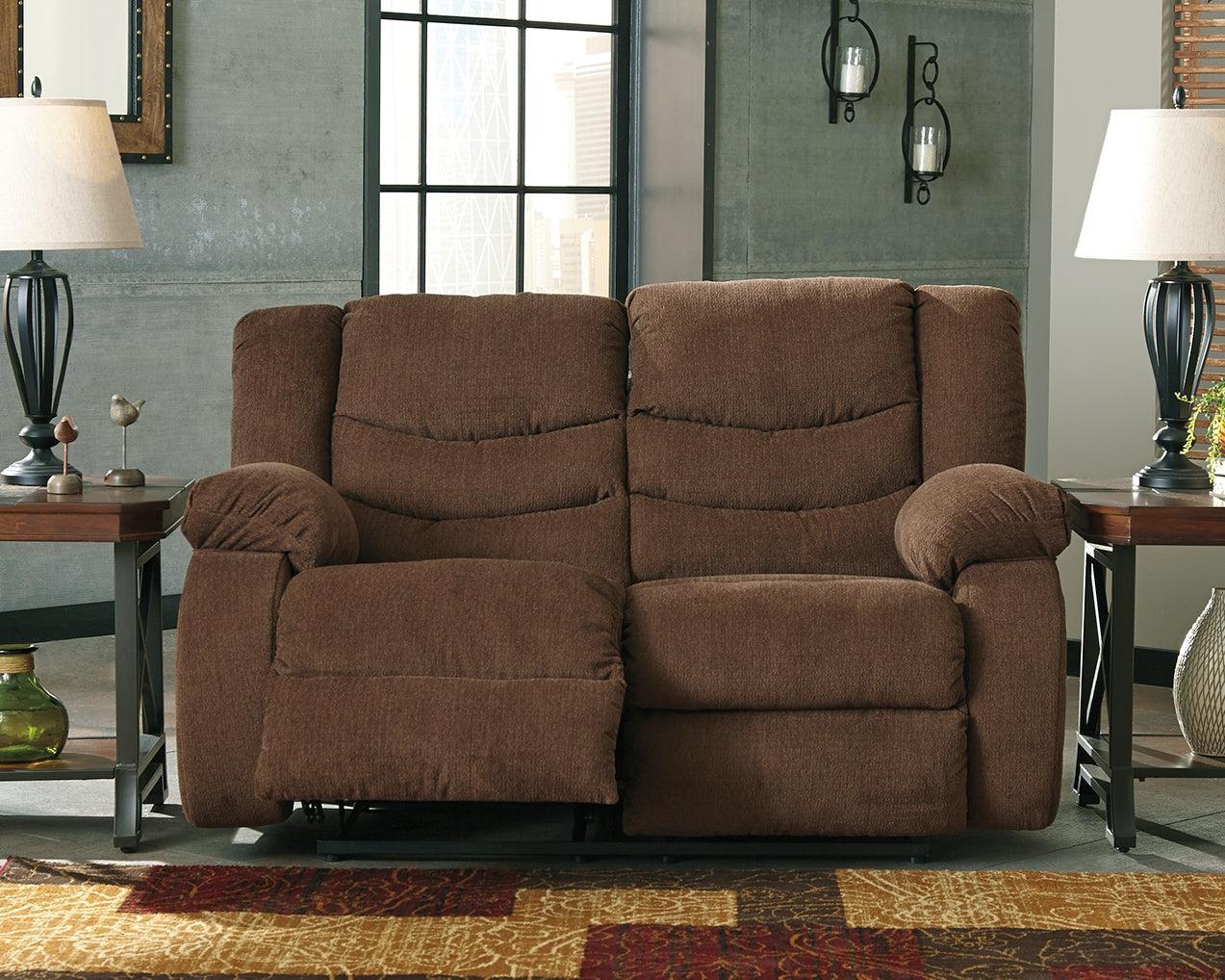 Tulen Gray Chenille Reclining Loveseat - Ella Furniture