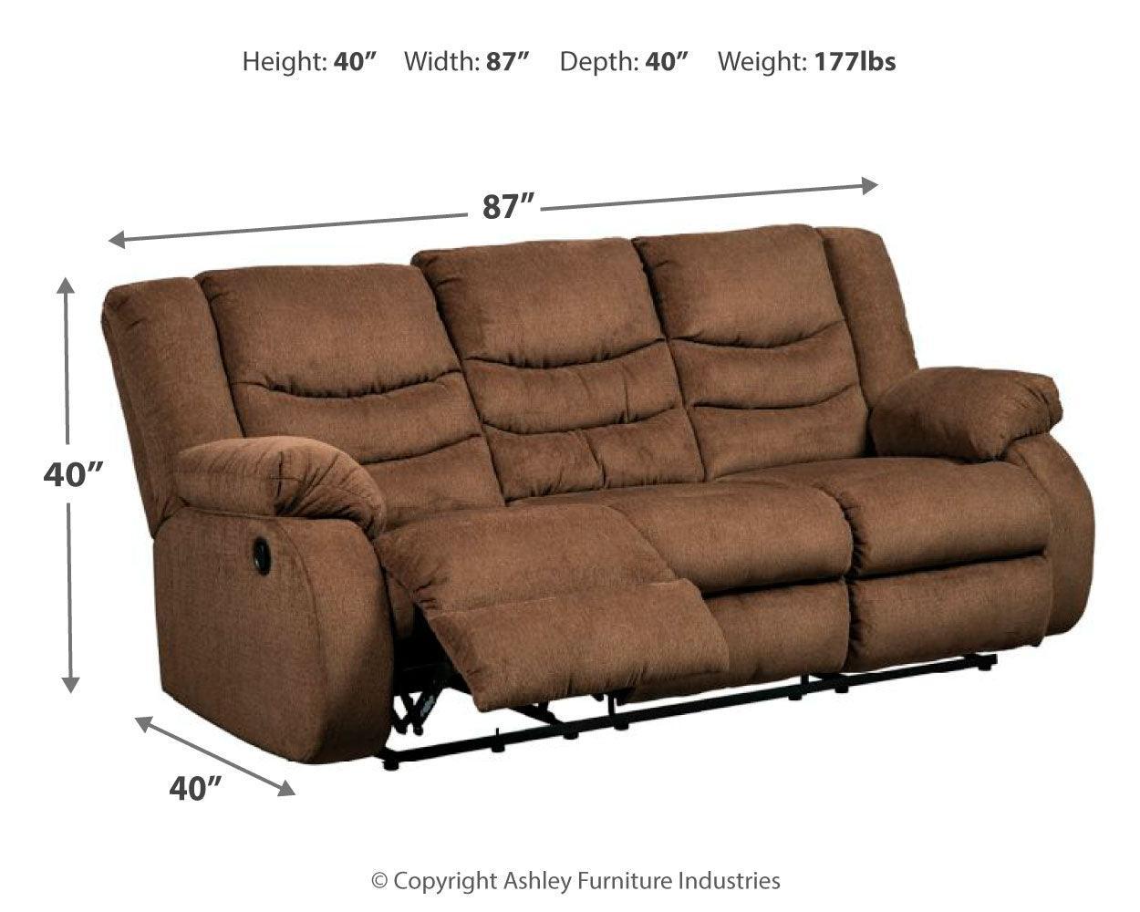 Tulen Mocha Chenille Reclining Sofa - Ella Furniture