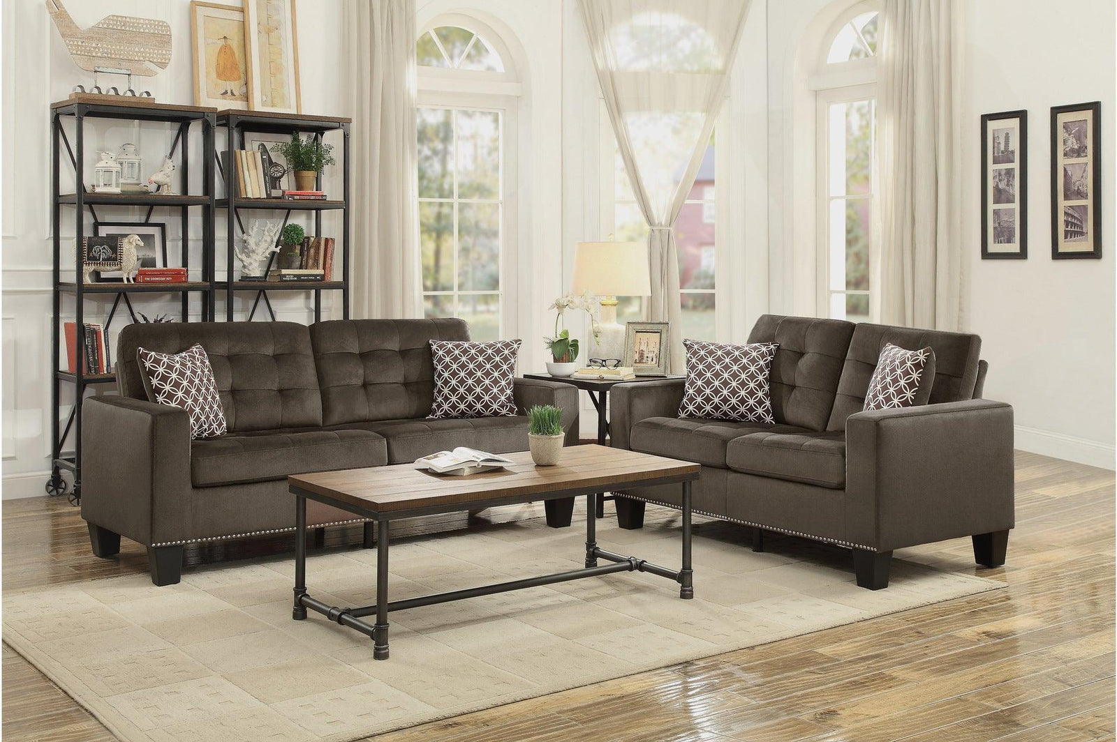 Lantana Chocolate Solid Wood And Plywood Textured Fabric Upholstered Tufted Sofa And Love Seat - Ella Furniture