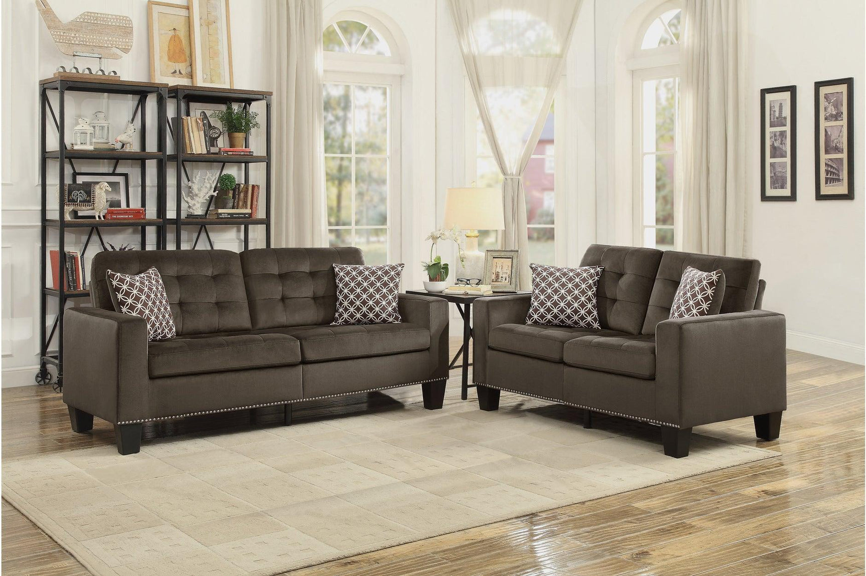 Lantana Chocolate Solid Wood And Plywood Textured Fabric Upholstered Tufted Sofa And Love Seat - Ella Furniture