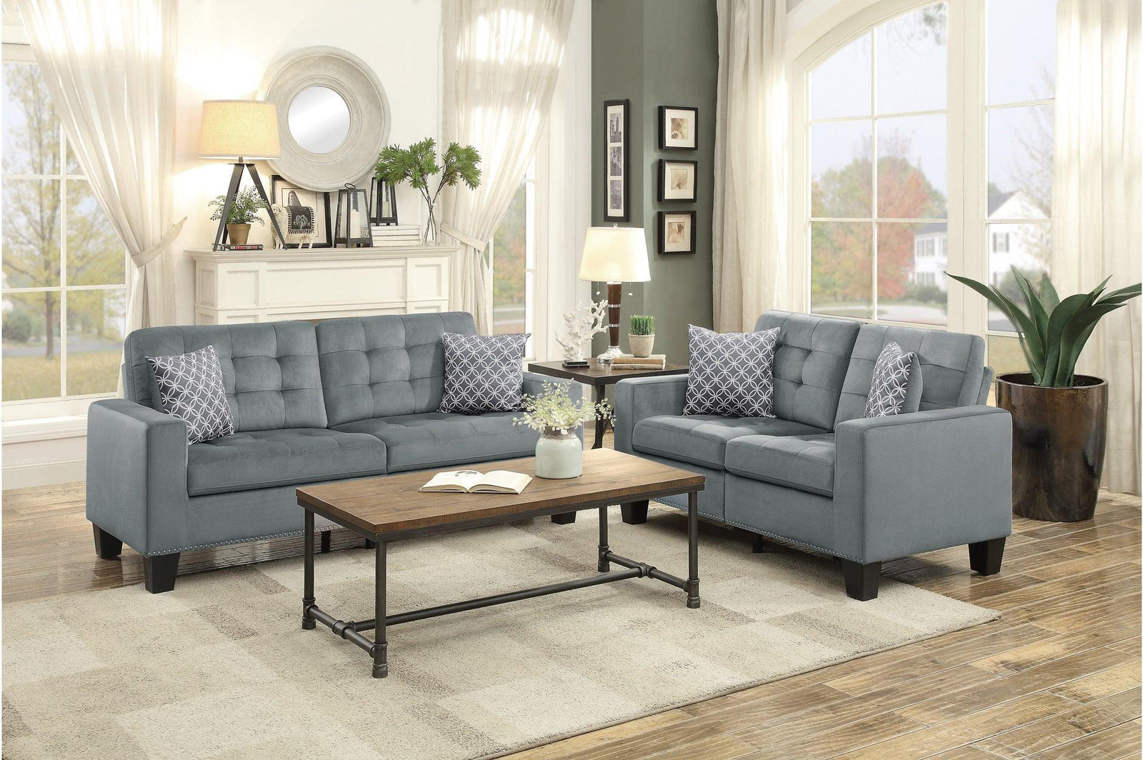 Lantana Gray Solid Wood And Plywood Fabric Upholstered Tufted 2Pc Set: Sofa, Love - Ella Furniture