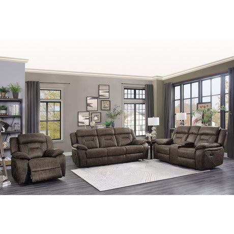 Madrona Hill Dark Brown Solid Wood, Plywood Polished Microfiber Upholstery Double Reclining Sofa - Ella Furniture