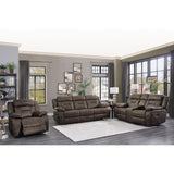 Madrona Hill Dark Brown Polished Microfiber Upholstery Double Reclining Love Seat Center Console - Ella Furniture