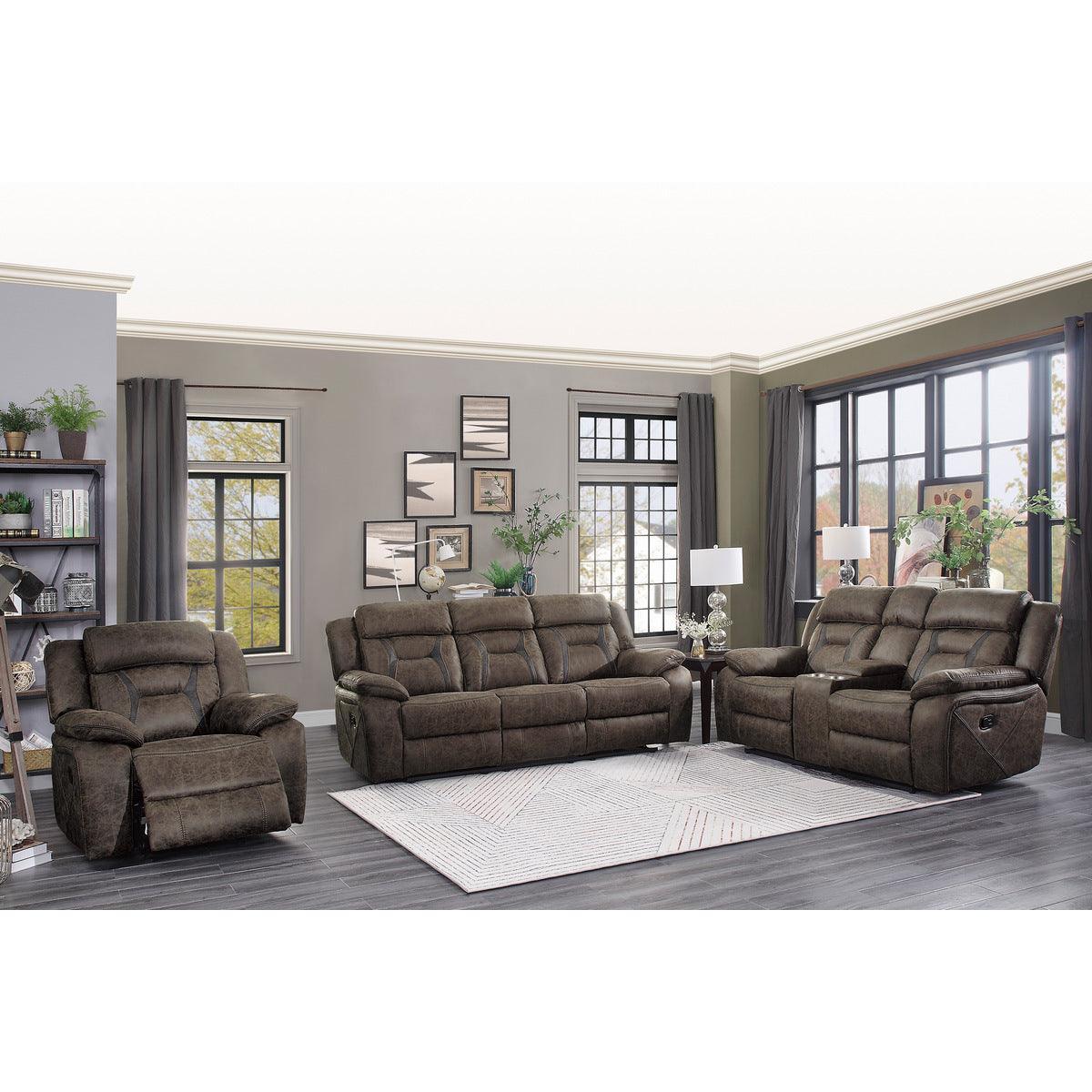 Madrona Hill Dark Brown Polished Microfiber Upholstery Double Reclining Love Seat Center Console - Ella Furniture