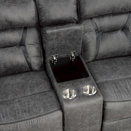 Madrona Hill Gray Polished Microfiber Upholstery Double Reclining Love Seat With Center Console - Ella Furniture