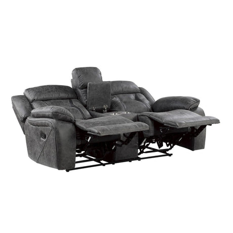 Madrona Hill Gray Polished Microfiber Upholstery Double Reclining Love Seat With Center Console - Ella Furniture