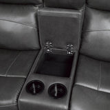 Yerba Dark Gray Polished Microfiber Fabric Double Lay Flat Reclining Love Seat Center Console - Ella Furniture