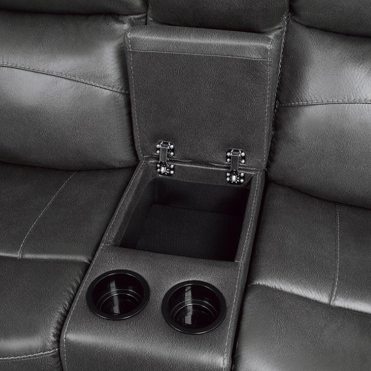 Yerba Dark Gray Polished Microfiber Fabric Double Lay Flat Reclining Love Seat Center Console - Ella Furniture